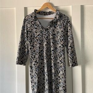 J. McLaughlin Black, Blue and White Leaf Pattern Dress